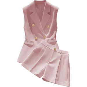imageMakeMeChic Womens 2 Piece Work Blazer Outfit Sleeveless Button Suit Vest and Shorts Matching SetPink