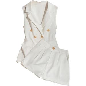 imageMakeMeChic Womens 2 Piece Work Blazer Outfit Sleeveless Button Suit Vest and Shorts Matching SetWhite