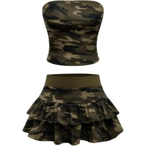 imageMakeMeChic Womens 2 Piece Y2K Outfit Camo Strapless Bandeau Crop Tops and Ruffle Layered Mini Skirt SetMulticolor