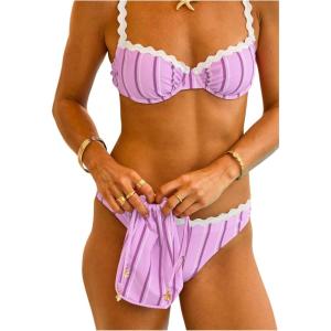 imageMakeMeChic Womens Bikini Sets Striped Ruched Beach Swimsuit with Swim BagMulticolor