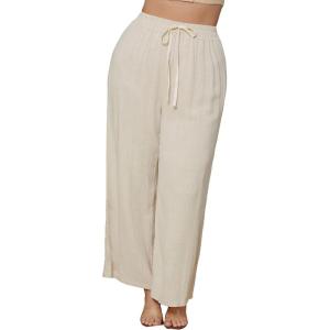 imageMakeMeChic Womens Casual Plus Size High Waist Trousers Drawstring Wide Leg Long PantsBeige