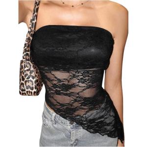 imageMakeMeChic Womens Cheetah Print Tube Top Y2k Strapless Mesh Leopard Print TopsLace Black