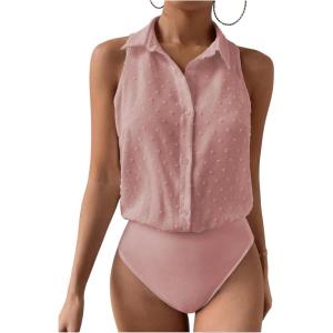 imageMakeMeChic Womens Collared Bodysuit Shirt Swiss Dots Sleeveless Button Front Tank TopsDusty Pink