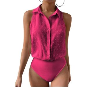 imageMakeMeChic Womens Collared Bodysuit Shirt Swiss Dots Sleeveless Button Front Tank TopsHot Pink