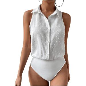 imageMakeMeChic Womens Collared Bodysuit Shirt Swiss Dots Sleeveless Button Front Tank TopsWhite