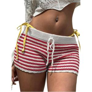 imageMakeMeChic Womens Crochet Knit Mini Shorts Micro Pajama Fuzzy ShortsRed Striped