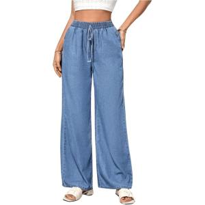 imageMakeMeChic Womens Elastic High Waisted Straight Wide Legs Jeans Tie Front Denim Baggy PantsBlue