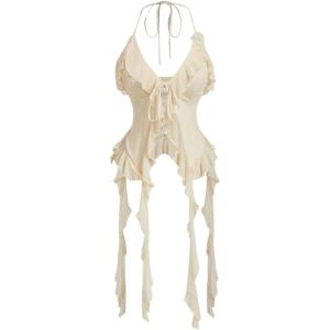 imageMakeMeChic Womens Floral Halter Top Tie Front Y2K Backless Ruffle Trim Fringe CamisoleApricot