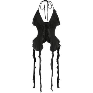 imageMakeMeChic Womens Floral Halter Top Tie Front Y2K Backless Ruffle Trim Fringe CamisoleBlack B
