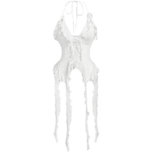 imageMakeMeChic Womens Floral Halter Top Tie Front Y2K Backless Ruffle Trim Fringe CamisoleWhite