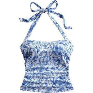 imageMakeMeChic Womens Floral Print Ruched Halter Top Sleeveless Backless Slim Fit Crop TopsBlue and White
