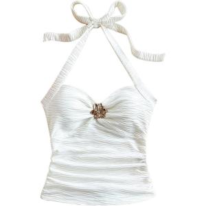 imageMakeMeChic Womens Floral Print Ruched Halter Top Sleeveless Backless Slim Fit Crop TopsFloral White