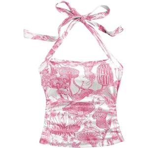 imageMakeMeChic Womens Floral Print Ruched Halter Top Sleeveless Backless Slim Fit Crop TopsHot Pink