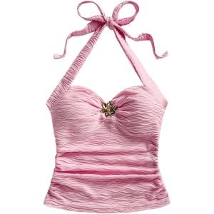 imageMakeMeChic Womens Floral Print Ruched Halter Top Sleeveless Backless Slim Fit Crop TopsPink