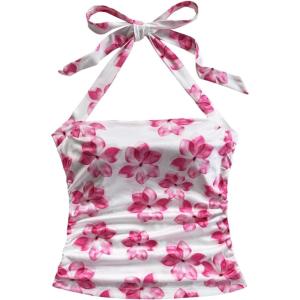 imageMakeMeChic Womens Floral Print Ruched Halter Top Sleeveless Backless Slim Fit Crop TopsPink Floral