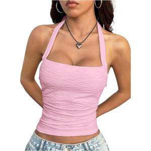 imageMakeMeChic Womens Floral Print Ruched Halter Top Sleeveless Backless Slim Fit Crop TopsPink Solid