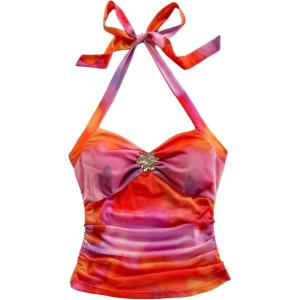 imageMakeMeChic Womens Floral Print Ruched Halter Top Sleeveless Backless Slim Fit Crop TopsRed