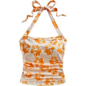 imageMakeMeChic Womens Floral Print Ruched Halter Top Sleeveless Backless Slim Fit Crop TopsYellow