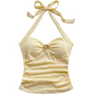 imageMakeMeChic Womens Floral Print Ruched Halter Top Sleeveless Backless Slim Fit Crop TopsYellow B