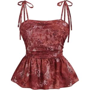 imageMakeMeChic Womens Floral Tie Shoulder Tank Tops Ruched Ruffle Hem Shirred Camisole Crop TopsRust Brown