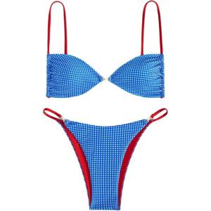 imageMakeMeChic Womens Gingham Bikini Set Push Up Tie Backless Thong Bathing Suit SwimsuitBlue
