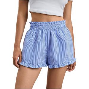 imageMakeMeChic Womens Gingham Ruffle Boxer Shorts Elastic High Waist Pajamas Lounge ShortsBlue S