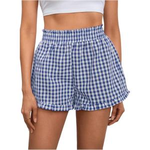 imageMakeMeChic Womens Gingham Ruffle Boxer Shorts Elastic High Waist Pajamas Lounge ShortsBlue and White