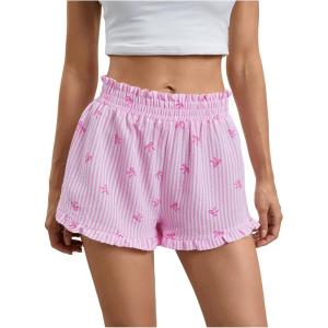 imageMakeMeChic Womens Gingham Ruffle Boxer Shorts Elastic High Waist Pajamas Lounge ShortsPink