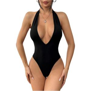 imageMakeMeChic Womens Halter Backless Shapewear Bodysuits Deep V Neck Tops LeotardBlack