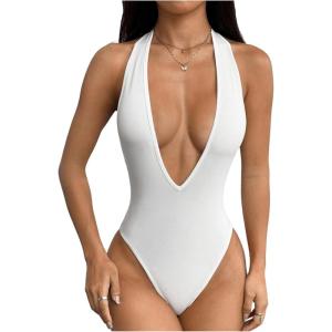imageMakeMeChic Womens Halter Backless Shapewear Bodysuits Deep V Neck Tops LeotardWhite
