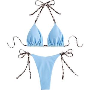 imageMakeMeChic Womens Halter Triangle Thong Bikini Sets High Cut Swimsuit Bathing Suit SwimwearBlue Leopard
