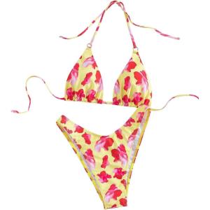 imageMakeMeChic Womens Halter Triangle Thong Bikini Sets High Cut Swimsuit Bathing Suit SwimwearFlower Yellow