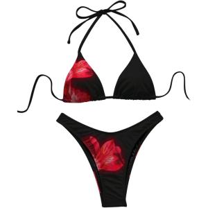 imageMakeMeChic Womens Halter Triangle Thong Bikini Sets High Cut Swimsuit Bathing Suit SwimwearRed Black Flower