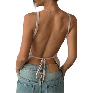 imageMakeMeChic Womens Knit Backless Camisole Tank Top Tie Back Spaghetti Strap Going Out TopsApricot