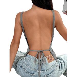 imageMakeMeChic Womens Knit Backless Camisole Tank Top Tie Back Spaghetti Strap Going Out TopsGrey