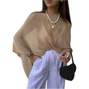 imageMakeMeChic Womens Knit Ponchos Shrug Shawl Wraps Sheer Poncho Sweater Asymmetrical TopsKhaki