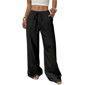 imageMakeMeChic Womens LinenLike Polyester Pants Wide Leg Summer Beach Palazzo PantsBlack