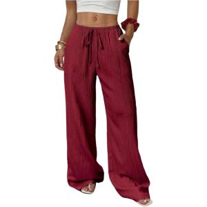 imageMakeMeChic Womens LinenLike Polyester Pants Wide Leg Summer Beach Palazzo PantsBurgundy