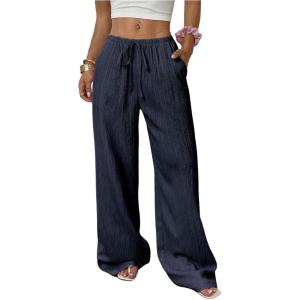 imageMakeMeChic Womens LinenLike Polyester Pants Wide Leg Summer Beach Palazzo PantsDark Blue