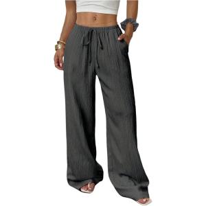 imageMakeMeChic Womens LinenLike Polyester Pants Wide Leg Summer Beach Palazzo PantsGrey