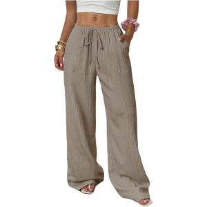 imageMakeMeChic Womens LinenLike Polyester Pants Wide Leg Summer Beach Palazzo PantsKhaki