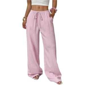 imageMakeMeChic Womens LinenLike Polyester Pants Wide Leg Summer Beach Palazzo PantsPink