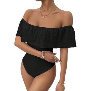 imageMakeMeChic Womens Off Shoulder Ruffle Trim Eyelet Embroidered Strapless Tube Top BodysuitBlack