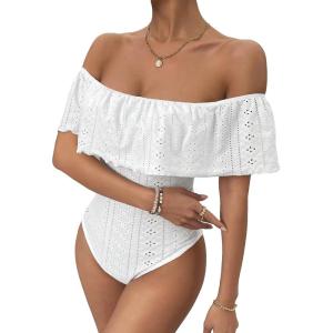 imageMakeMeChic Womens Off Shoulder Ruffle Trim Eyelet Embroidered Strapless Tube Top BodysuitWhite
