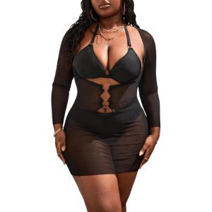 imageMakeMeChic Womens Plus Size 3 Piece Rhinestone Halter Triangle High Waisted Bikini Swimsuit with Cover Up SetBlack C
