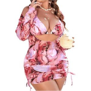 imageMakeMeChic Womens Plus Size 3 Piece Rhinestone Halter Triangle High Waisted Bikini Swimsuit with Cover Up SetPink Multi