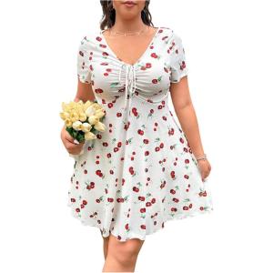 imageMakeMeChic Womens Plus Size Cherry V Neck Dress Ruched Drawstring Short Sleeve Mini DressesWhite