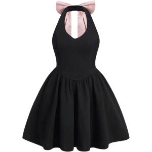 imageMakeMeChic Womens Plus Size Color Block Mini Dress Bow Knot Halter Neck A Line DressBlack