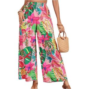 imageMakeMeChic Womens Plus Size Floral Palazzo Pants Elastic Waist Wide Leg Tropical Print Summer TrousersMulticolor