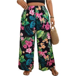 imageMakeMeChic Womens Plus Size Floral Palazzo Pants Elastic Waist Wide Leg Tropical Print Summer TrousersMulticolor C
